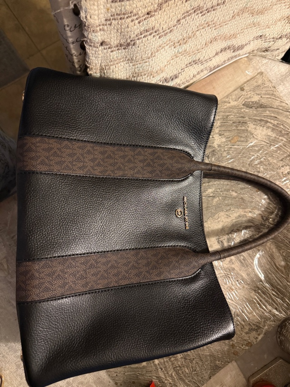 Michael Kors Black and Brown Leather Logo-Stripe Tote